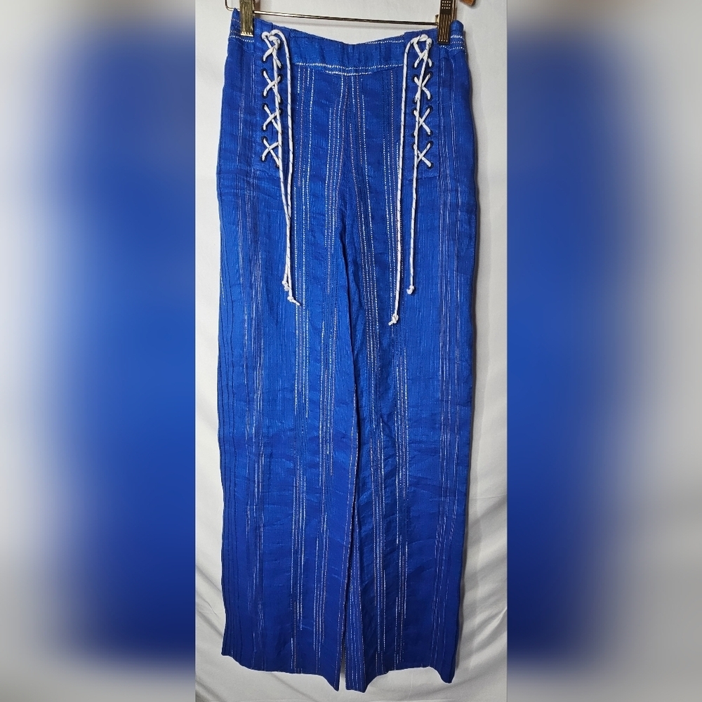 AMUR Blue Linen Lace Up Wide Leg Pants Striped High Rise Trousers Sz 0 NWT $348
